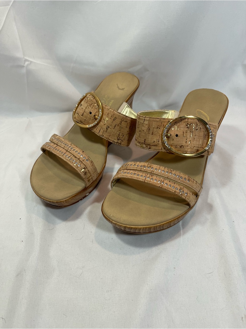 Onex Tan Cork-Effect Slide Sandals with Gold Buckle and Rhinestones